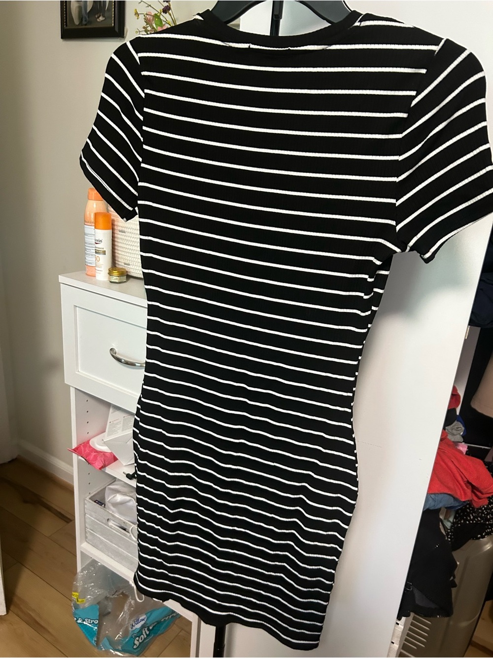 Popular Basics Black & White Striped Short Sleeve Mini Dress
